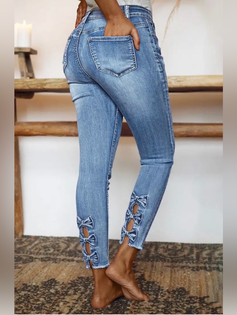 Flamingals Raw Hem Cut Out Bow Tie Mid Waist Crop Skinny Jeans